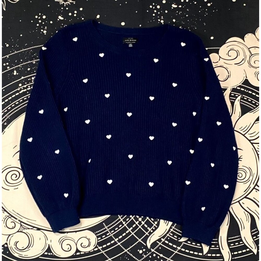 Lucky Brand Sweater Womens L Blue Acrylic Cotton Knit Heart Embroidered Pullover